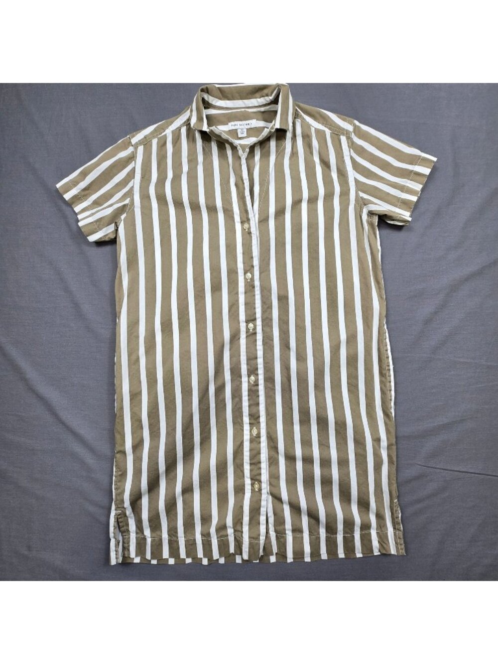 Free Assembly XS Shirt Dress Olive & White Striped Short Sleeve Button-Up